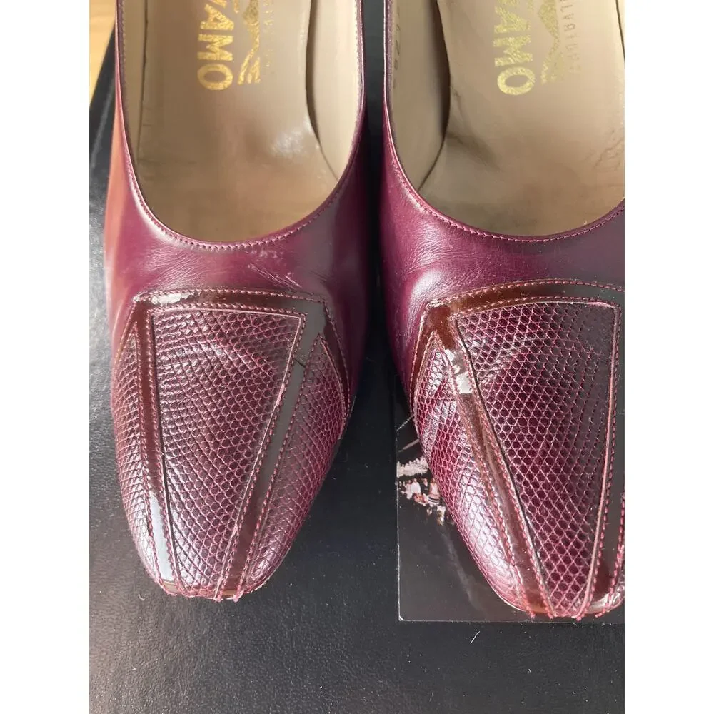 Ferragamo Vintage Snakeskin & Leather Burgundy Pumps Heels Sz 9.5 AAAA Narrow - Picture 4 of 10